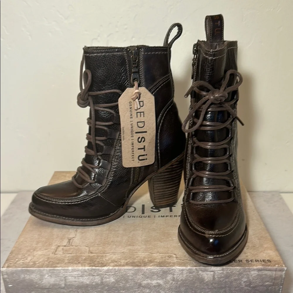 Bed|Stu Izetta | Brown Leather Lace Up Heeled Boots - Picture 3 of 4